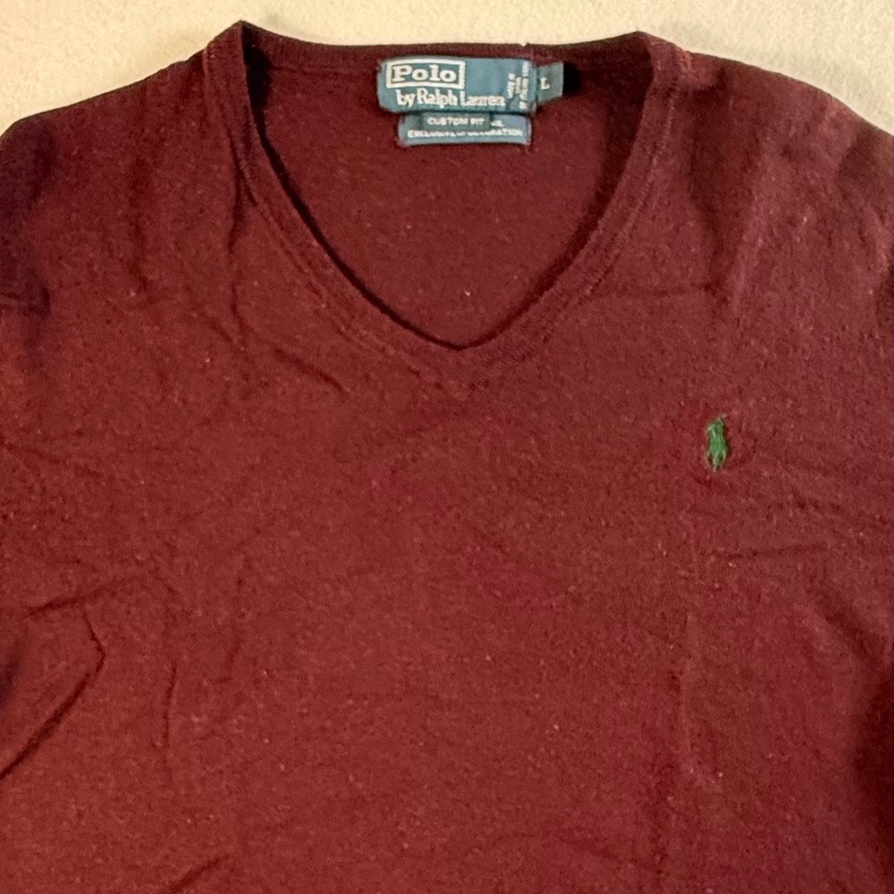 Polo Ralph Lauren Sweater Mens Large Merino Wool V-Neck Burgundy Custom Fit